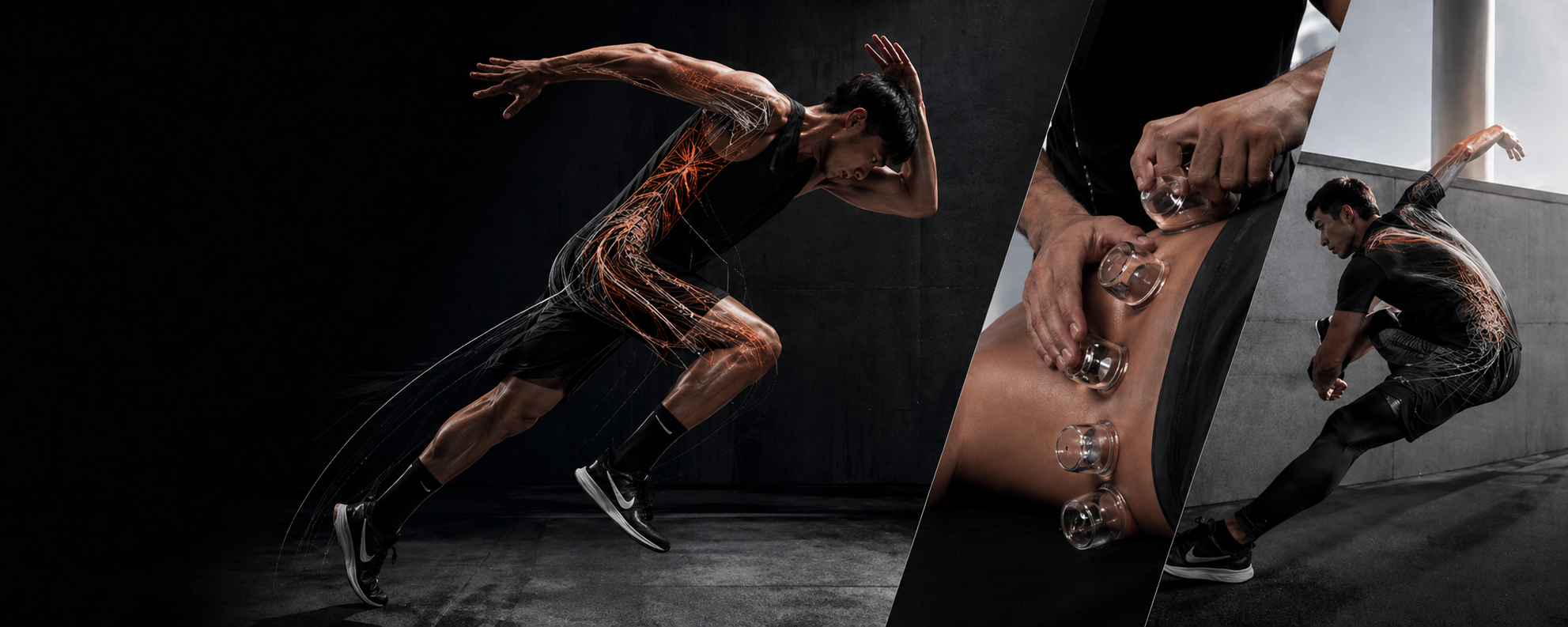 アスリートの動作と筋膜リリースを表現したビジュアル