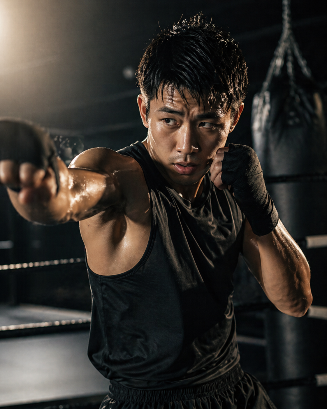 ボクシングの構えを取る男性アスリート