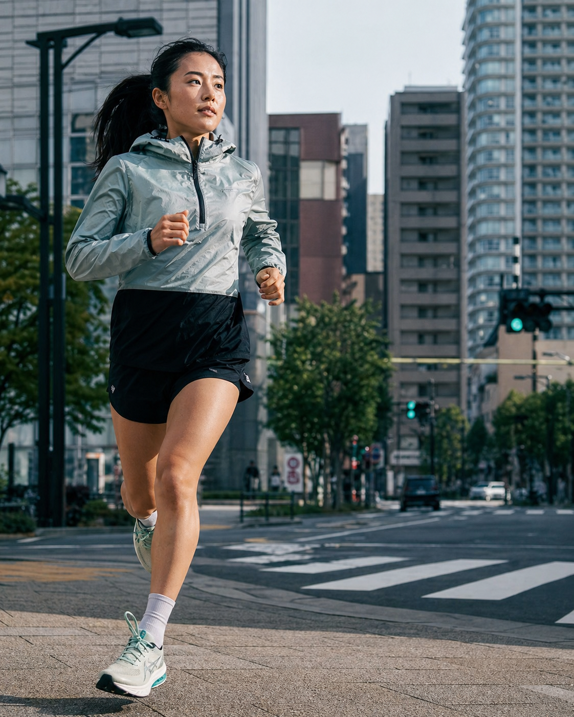 街中を走る女性アスリート